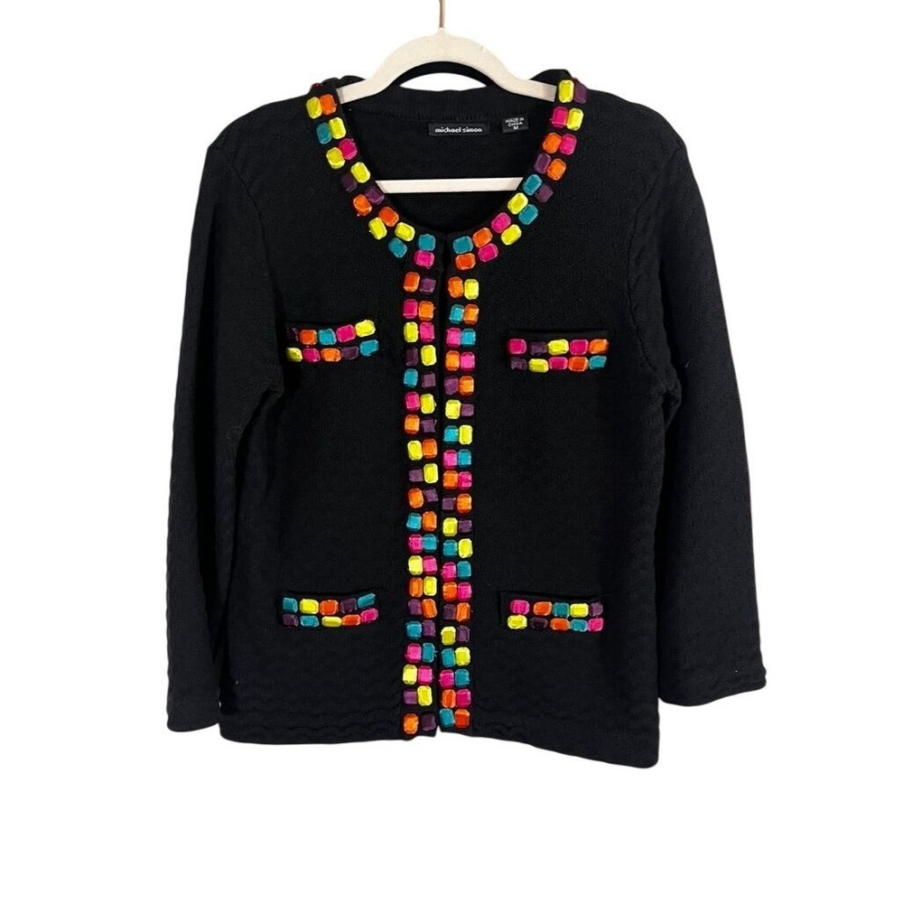 Michael Simon Colorful Knit Cardigan Sweater Black M Geometric Eclectic Artsy‎